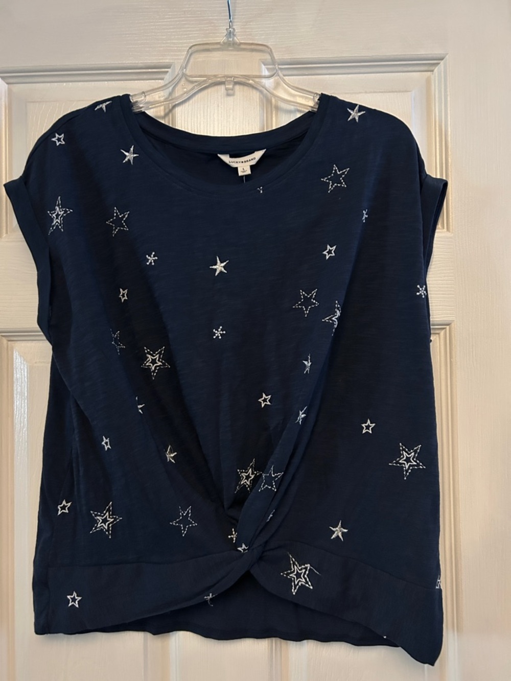 Lucky Brand Navy Blue Short Sleeve Tee with Silver Star Embellishments